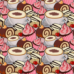 Poster - Bright and tasty background of cakes, rolls, and cups of coffee. Vector seamless.