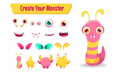 Wall Mural - Cute Monster cartoon constructor kit, with body parts, alien eyes, mouths teeth, wings and horns for kids toys, video games and halloween designs. Vector flat colorful illustration