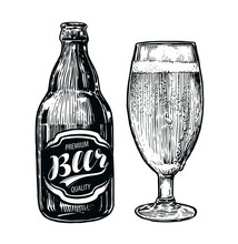 Frothy Beer In Glass And Bottle Of Ale. Hand Drawn Sketch Vintage Vector Illustration