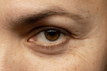 
Macro Photo Close-up Of Female Brown Eyes. Middle-aged European, Clear Skin, Thick Eyebrows, Wrinkles Around The Eyes.