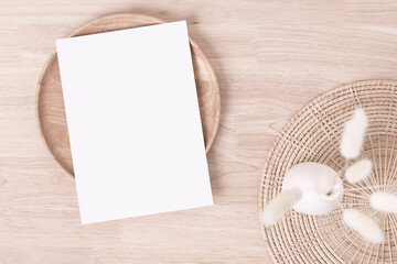 Blank paper cards, Greeting card Mockup with pampas grass on a wooden plate, beige background, Minimal beige workplace composition, flat lay, mockup