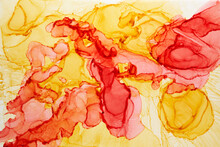Abstract Red Yellow Watercolor Background. Paint Stains And Wavy Spots In Water, Luxury Fluid Liquid Art Orange Wallpaper