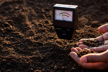 A Soil Meter And A Farmer's Hands Are Picking Up Soil For Planting.