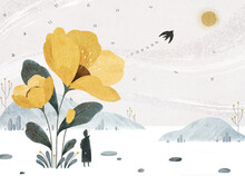 Illustration Of Imaginary Landscape With Huge Yellow Flowers, Hills, Little Woman, And Bird.