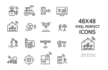 Wall Mural - Smart farming icons set. Farmer using internet of things, drones and robots for precise farming. Pixel perfect, editable stroke icons