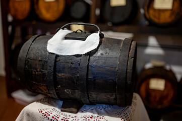 Wall Mural - Traditional production and aging in wooden barrels of Italian Balsamic grapes vinegar dressing in Modena, Italy