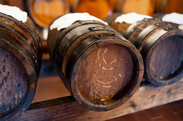 Wall Mural - Traditional production and aging in wooden barrels of Italian Balsamic grapes vinegar dressing in Modena, Italy