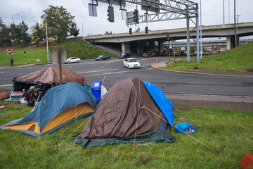 homeless village on city intersection. portland, oregon