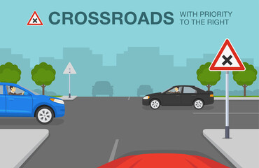 Safety car driving and traffic regulating rules. Car is reaching the junction road. Crossroads with priority to the right sign meaning. Flat vector illustration template.