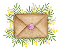 Spring Watercolor Illustration Of A Vintage Envelope On A Background Of Yellow Acacia Leaves And Flowers. Hand Drawn Spring Flowers And Lettering.