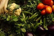 Top View Shot Of Vegetable Basket. Close Up Shot Of Fresh Vegetable