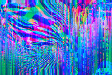 Wall Mural - Abstract blue pink green psychedelic zebra digital Distorted Motion glitch effect background. Futuristic striped cyberpunk design. Retro futurism rave 80s 90s aesthetic, 70s groovy techno neon colors