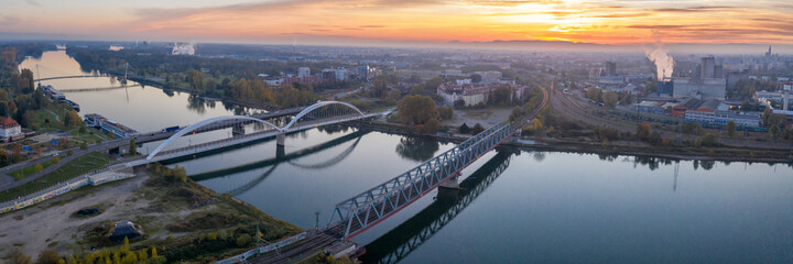 Canvas Print - Bridges bridge over Rhine river between Kehl and Strasbourg Germany France aerial photo panorama