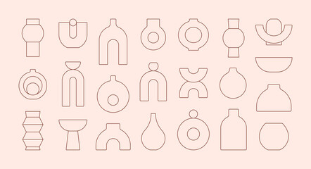 Boho Ceramic Vases in Trendy Minimalist Liner Style. Vector Pottery Icons for Creating Logo