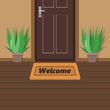Welcome on the Mat doormat before a door. Vector illustration