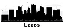 Leeds UK City Skyline Silhouette With Black Buildings Isolated On White.