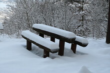Snow On A Picnic Bench With Table In Winter In The Rhön, Kreuzberg Near Bischofsheim, Bavaria, Germany