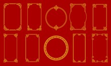 Asian Golden Chinese, Japanese, Korean Knot Frames And Borders. Vector Photo Frames With Traditional Asian Ornaments, Embellishment Or Patterns. Oriental Graphic Vintage Gold Decor On Red Background