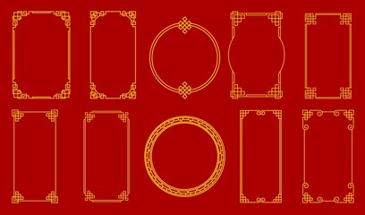 Asian golden chinese, japanese, korean knot frames and borders. Vector photo frames with traditional asian ornaments, embellishment or patterns. Oriental graphic vintage gold decor on red background