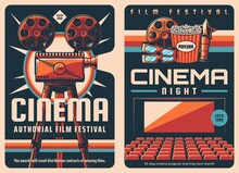 Movie Film Festival Retro Posters With Vector Cinema Or Movie Theater, Vintage Video Projector, Film Reels And Popcorn Bucket, 3d Glasses And Cinematography Award. Entertainment Event Banners