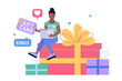 Character is sitting on a large gift and holding a gift card