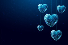 Wireframe Hearts In Low Poly Style. Happy Valentine's Day Banner. Abstract Modern 3d Vector Illustration On Dark Blue Background