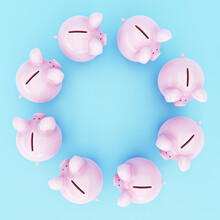 Pink Piggy Banks Arranged In A Circle. 3D Rendering Illustration. Isolated On Light Blue Background. Cute Personal Savings Bank. Circle Pattern. 360 Degrees. Cycle.