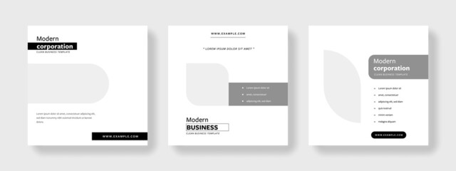 monochrome editable organized social media layouts with minimalistic clean design, black and gray graphic elements, instagram and facebook templates, modern business, original graphic ideas