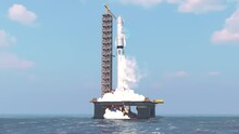 Launch Of A Space Rocket. Water Launch Pad. The Upper Stage Of The Spacecraft. 3D Animation.