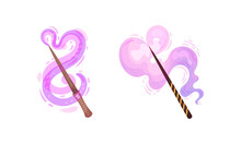 Fairy Magic Wands With Purple Smoke Set. Fairy Sticks Wand Casting Spells Cartoon Vector Illustration