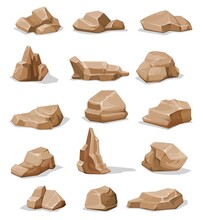 Brown Rock Stones And Boulders. Cartoon Gravel, Cobble Or Rubble Isolated Rough Pieces Collection. Dessert Cliff Or Mountain, Geology Mineral Or Metal Ore Block. Game Environment Design Elements Asset