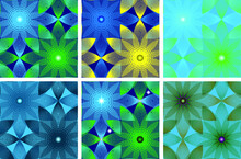 Set Of Abstract Backgrounds Of Blue, Yellow And Green Flowers Made Out Of Simple Shapes. Vector