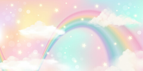 Wall Mural - Holographic fantasy rainbow unicorn background with clouds. Pastel color sky. Magical landscape, abstract fabulous pattern. Cute candy wallpaper. Vector.