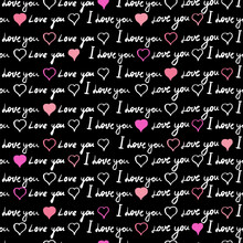 Text I Love You, Hand Written Words, Pink Hearts. Seamless Pattern, Sketch, Doodle, Lettering, Happy Valentines Day. Vector Illustration Black Background