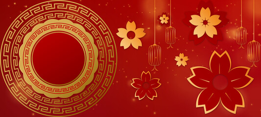 Happy Chinese New Year 2022 by gold brush stroke abstract paint of the flower, cloud, lantern and ornament isolated on red background.