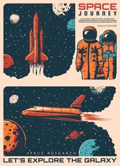 Wall Mural - galaxy explore, astronauts and spaceship retro posters. vector space universe with rocket launch, sp