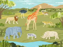 African Animals Of Savanna With Landscape. Nature Background.Vector Set With Elephant, Leopard, Ostrich, Gazella, Rhino, Giraffe, Zebra, Lion. Collection For Touristic, Safari, Zoo And Book