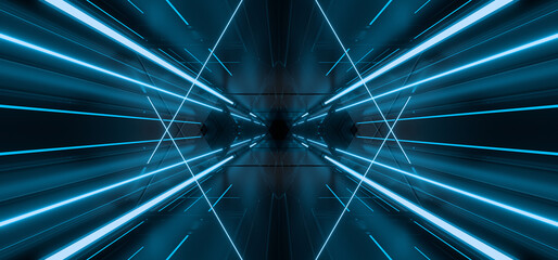 Wall Mural - Sci Fy neon lamps in a dark corridor. Reflections on the floor and walls. 3d rendering image.