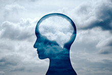 Brain Circuitry And Mind Concept. Person Head Silhouette And Cloudy Sky.