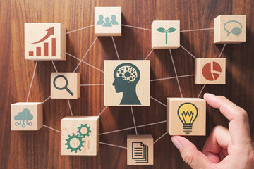 Aufkleber - Business knowledge and education. Thinking strategical business plan. Putting wood cubes with icons.