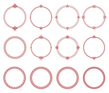 Round Red Asian Frames And Borders, Japanese, Korean And Chinese Patterns, Vector. Oriental Asian Circle Line Pattern Ornaments And Embellishments Of Isolated Round Border Frame