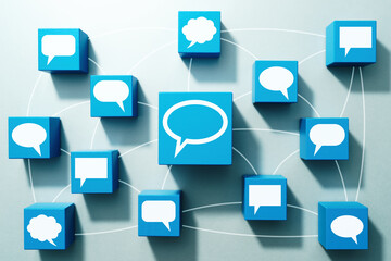 Poster - Online communication and discussion concept. Top view of many wood cubes with bubble icons.
