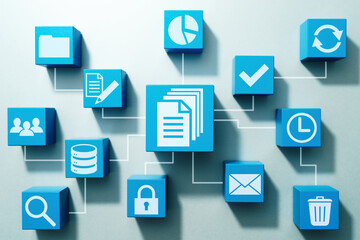 Document management concept. Rules and workflow. Top view of many wood cubes with icons.