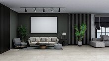 Modern Dark Interior Canvas Mockup, Photorealistic 3D Illustration Of The Interior, Suitable For Using In Video Conference And As A Virtual Background.