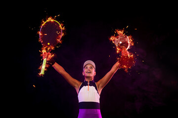 Wall Mural - Tennis player with cup celebrating a flawless victory in the tournament. Beautiful girl teenager and athlete with racket in pink sporswear and hat on tennis court.