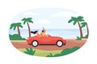 Couple travel by convertible car on summer holidays. Man and woman driving along sea coast. Summertime trip of romantic people in cabriolet. Flat vector illustration isolated on white background