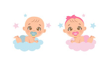 Cute Baby Boy And Girl Gender Reveal Clipart. Flat Vector Cartoon Design