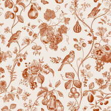 Autumn Seamless Pattern. Fruit And Flowers.Vector Vintage Illustration. Red And White