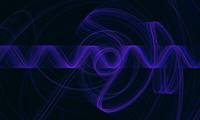 Wall Mural - Dynamic purple violet digital 3d zigzag, laser spring or smooth wave in deep dark space. Glowing galactic radiance or concept of sound of rhythm. Great as cover print for electronics, poster, artwork.