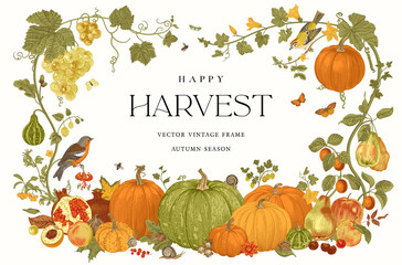 happy harvest. vector frame. autumn botanical illustration.